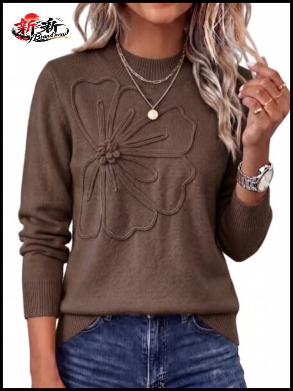 Women's Chunky Knit Pullover Sweater with 3D Flower Embellishment Oversized